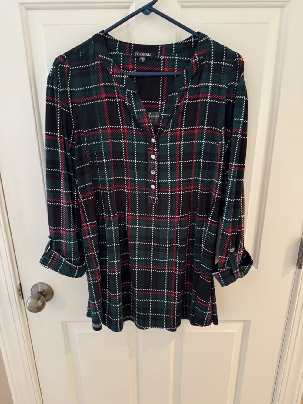 Roz & Ali Dark Green and Red Plaid Button-Front Tunic